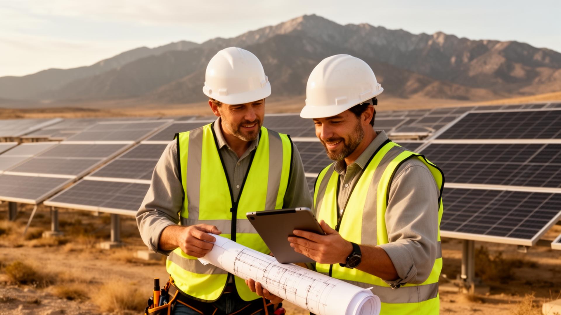 Two engineers reviewing a solar installation plan on a tablet